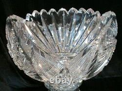 American Brilliant Cut Glass Punch Bowl & Stand Whirling Stars 10 3/4 Tall