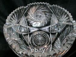 American Brilliant Cut Glass Punch Bowl & Stand Whirling Stars 10 3/4 Tall