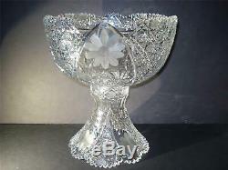 American Brilliant Cut Glass Punch Bowl Two Pieces Etched Flowers Leaves