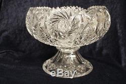 American Brilliant Cut Glass Punch Bowl with Base Antique Hobstar 7.5 Tall 10W