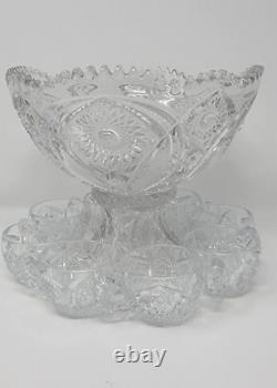 American Brilliant Cut Glass Two Piece Punchbowl Alpenglow Pattern with Cups