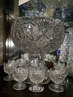 American Brilliant Cut Glass12 ×12 In Circa 1895 Punch Bowl With 8 Cups
