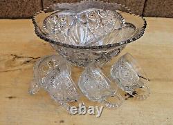 American Brilliant Cut Hobstars Punch Bowl & Glasses