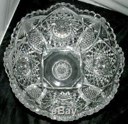 American Brilliant Deep Cut Glass 2 pc Pedestal Punch Bowl Signed Libbey