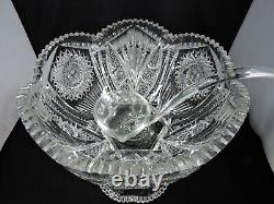 American Brilliant Period ABP Cut Glass 2 Piece Punch Bowl 12 10 Glasses