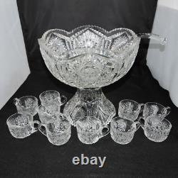 American Brilliant Period ABP Cut Glass 2 Piece Punch Bowl 12 10 Glasses