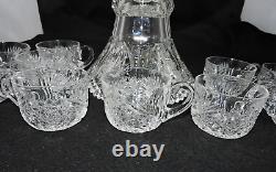 American Brilliant Period ABP Cut Glass 2 Piece Punch Bowl 12 10 Glasses