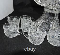 American Brilliant Period ABP Cut Glass 2 Piece Punch Bowl 12 10 Glasses