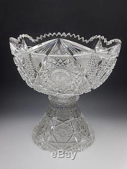 American Brilliant Period ABP Cut Glass Large Punch Bowl w Stand Pinwheels Star
