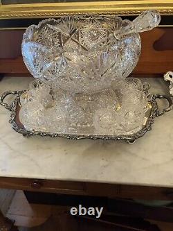 American Brilliant Period Abp Cut Glass Punch Bowl, Ladle, & 10 Cups