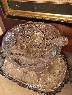 American Brilliant Period Abp Cut Glass Punch Bowl, Ladle, & 10 Cups