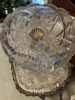 American Brilliant Period Abp Cut Glass Punch Bowl, Ladle, & 10 Cups