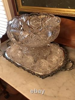 American Brilliant Period Abp Cut Glass Punch Bowl, Ladle, & 10 Cups