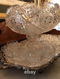 American Brilliant Period Abp Cut Glass Punch Bowl, Ladle, & 10 Cups