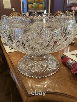 American Brilliant Period Abp Cut Glass Punch Bowl, Ladle, & 10 Cups