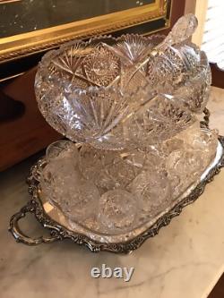 American Brilliant Period Abp Cut Glass Punch Bowl, Ladle, & 10 Cups