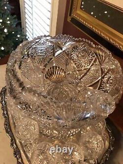 American Brilliant Period Abp Cut Glass Punch Bowl, Ladle, & 10 Cups