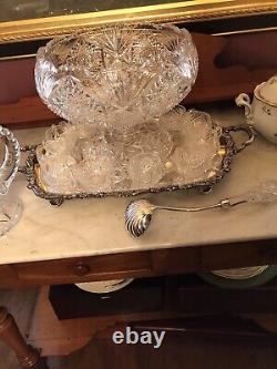 American Brilliant Period Abp Cut Glass Punch Bowl, Ladle, & 10 Cups