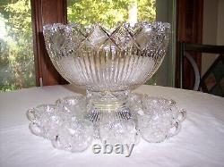 American Brilliant Period Arcadia Cut Glass Crystal Punchbowl with Base & 10 Cups