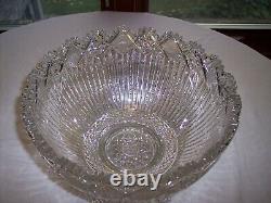 American Brilliant Period Arcadia Cut Glass Crystal Punchbowl with Base & 10 Cups