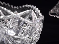 American Brilliant Period Cut Glass Punch Bowl & Base w Cups ABP Hobstar Fans