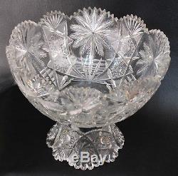 American Brilliant Period Cut Glass Punch Bowl Flashed Star, Fan & Honstar