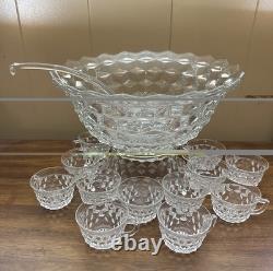 American Fostoria Vintage Large 14 Punch Bowl With Base, Ladle & 12 Cups