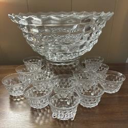 American Fostoria Vintage Large 14 Punch Bowl With Base, Ladle & 12 Cups