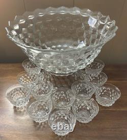 American Fostoria Vintage Large 14 Punch Bowl With Base, Ladle & 12 Cups