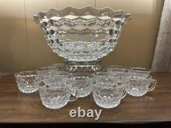 American Fostoria Vintage Large 14 Punch Bowl With Base, Ladle & 12 Cups