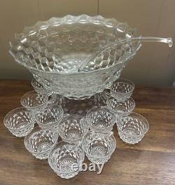 American Fostoria Vintage Large 14 Punch Bowl With Base, Ladle & 12 Cups