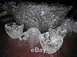 American Victorian Cut Crystal Large Punch Bowl with 8 cups 16 1/4