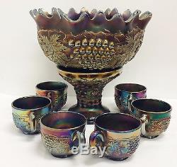 Amethyst Carnival Glass Punch Bowl & Glasses Northwood Grape Cable Depression