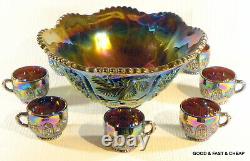 Amethyst GALAXY Carnival Glass Punch Bowl Set L. E. SMITH PUNCH BOWL & 8 CUPS