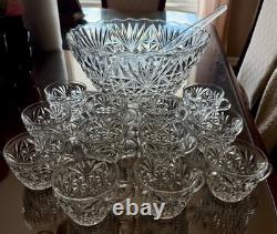 Anchor Hocking Arlington Pattern Depression Glass Punch Bowl, 14-Piece Lot EUC