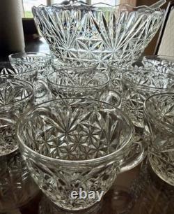 Anchor Hocking Arlington Pattern Depression Glass Punch Bowl, 14-Piece Lot EUC