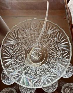Anchor Hocking Arlington Pattern Depression Glass Punch Bowl, 14-Piece Lot EUC
