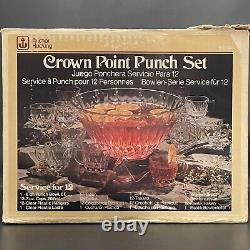 Anchor Hocking Crown Point Punch Bowl Set for 12 with Recipe Book USA 26 Pcs NOS