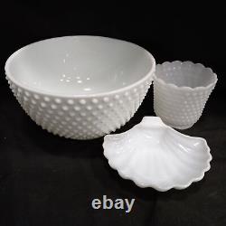 Anchor Hocking Fire King White Milk Glass Hobnail Punch Bowl Set