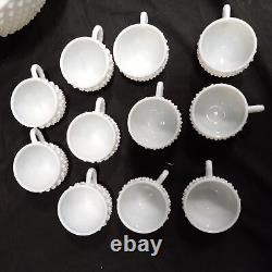 Anchor Hocking Fire King White Milk Glass Hobnail Punch Bowl Set