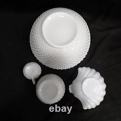 Anchor Hocking Fire King White Milk Glass Hobnail Punch Bowl Set