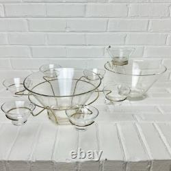 Anchor Hocking Glass Punch And Chip & Dip Set With Gold Tone Brass 11 Piece Set
