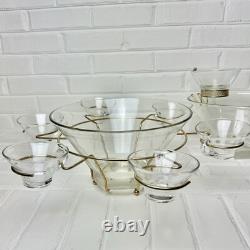 Anchor Hocking Glass Punch And Chip & Dip Set With Gold Tone Brass 11 Piece Set