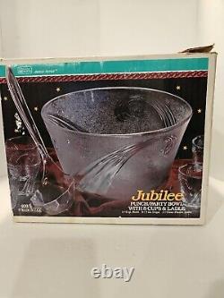 Anchor Hocking Jubilee Glass Punch Bowl With Ladle and Cups, Vintage