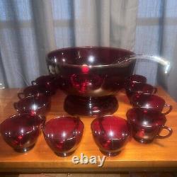 Anchor Hocking MCM Royal Ruby Red Punch Bowl, Base 10 Cups & Glass Ladle