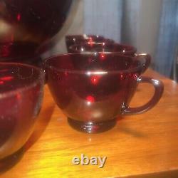 Anchor Hocking MCM Royal Ruby Red Punch Bowl, Base 10 Cups & Glass Ladle