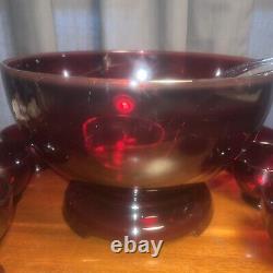 Anchor Hocking MCM Royal Ruby Red Punch Bowl, Base 10 Cups & Glass Ladle