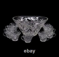 Anchor Hocking Prescut Clear Punch Bowl & 19 Punch Cups