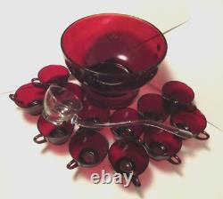 Anchor Hocking Royal Ruby Red Glass Punch Bowl 12 Cups Base and Ladle MCM