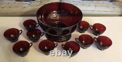 Anchor Hocking Royal Ruby Red Punch Bowl Base and 13 Cups